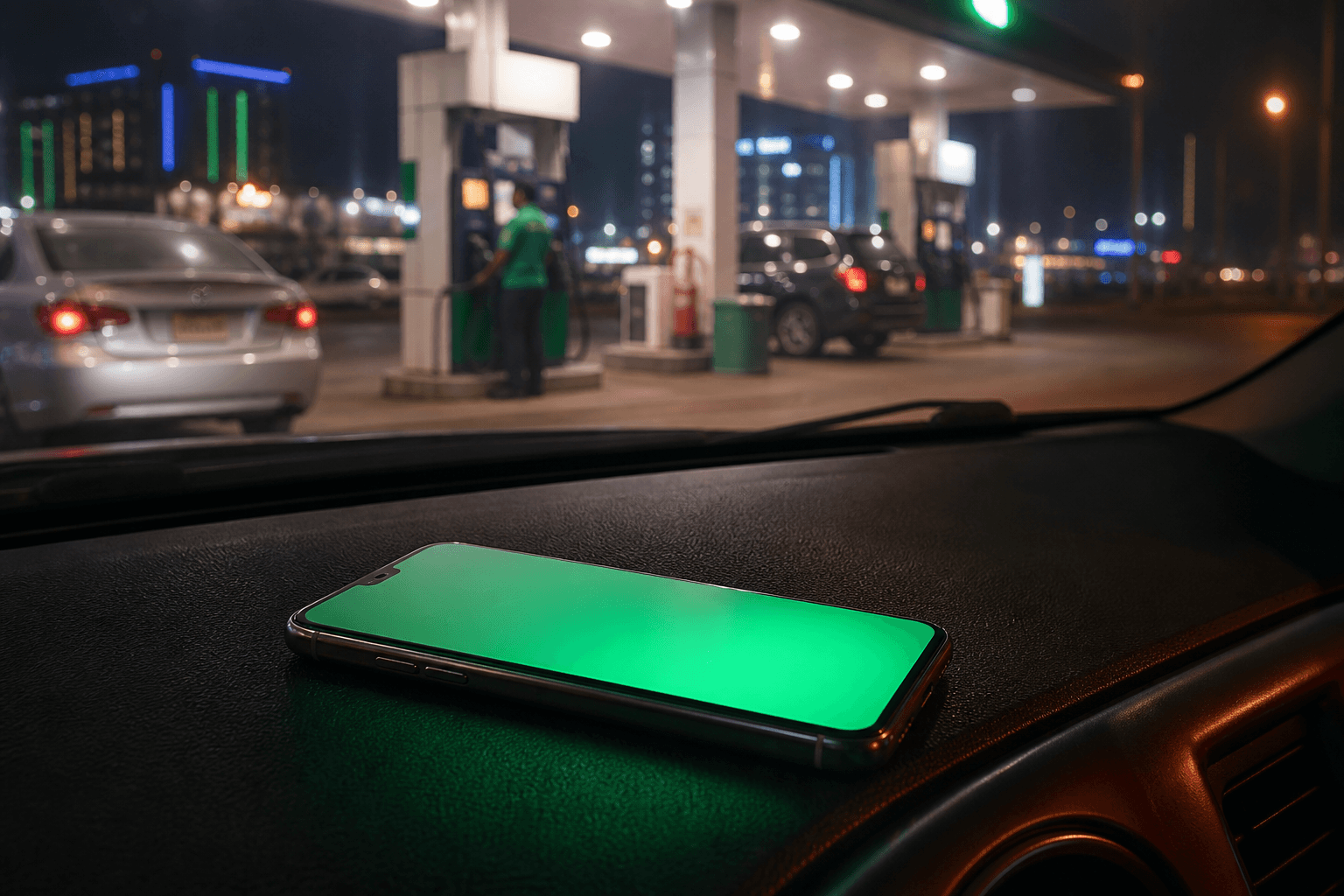 Phone on a car dashboard at a fuel station