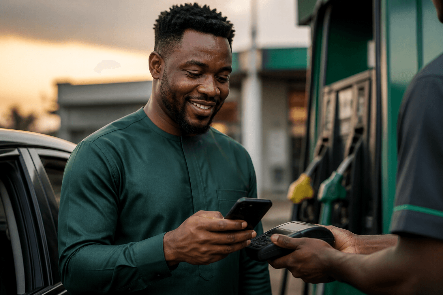 Driver paying for fuel on a phone